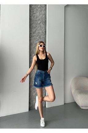 شلوارک و برمودا آبی زنانه فاق بلند DENİKK - کد 940014740