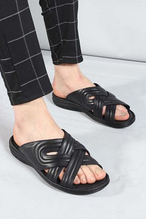 دمپائی مشکی مردانه چرم خالص Fast Step - کد 87477948
