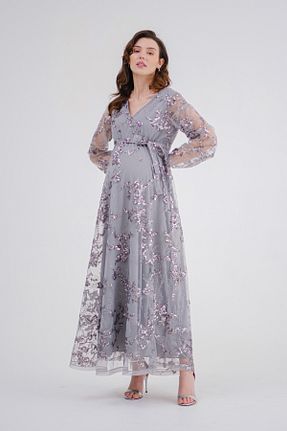 لباس مجلسی بارداری طوسی زنانه یقه هفت Desen Hamile Giyim - کد 899588843