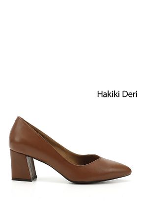 کفش پاشنه بلند کلاسیک قهوه ای زنانه چرم خالص GÖNDERİ(R) - کد 97952614