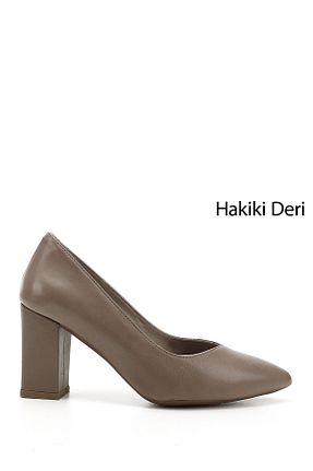 کفش پاشنه بلند کلاسیک قهوه ای زنانه چرم خالص GÖNDERİ(R) - کد 367695287