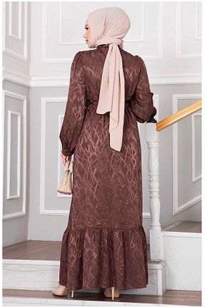 لباس مجلسی حجاب قهوه ای زنانه یقه ایستاده ELEGANTSTİL - کد 837218452