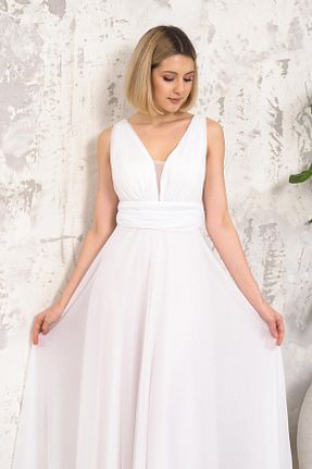 لباس مجلسی و فارغ التحصیلی سفید زنانه توری XXL BUTİK - کد 874186186