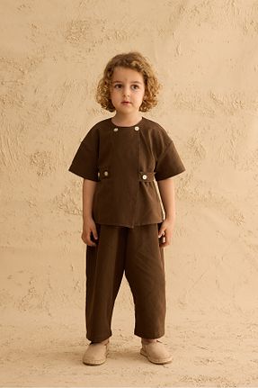 ست بالاتنه و پائین تنه قهوه ای بچه گانه مخلوط کتان Fahhar Kids - کد 940690941