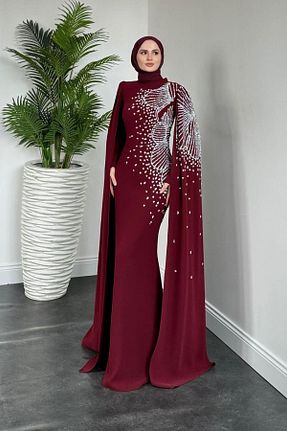 لباس مجلسی حجاب زرشکی یقه ایستاده MERVEN AKYÜZ - کد 940461472