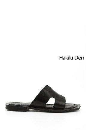 دمپائی مشکی زنانه چرم خالص GÖNDERİ(R) - کد 902962007