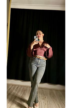 بلوز زرشکی زنانه طرح دار NİSSHABUTİK - کد 940583777