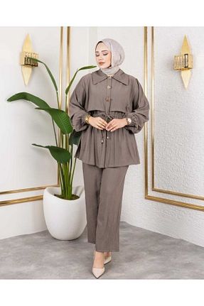 ست بالاتنه و پائین تنه حجاب قهوه ای زنانه رگولار Yağmur - کد 939325048