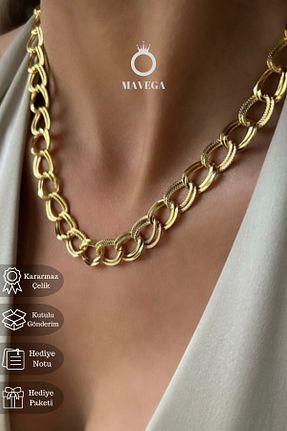 گردنبند استیل ( فولاد ) زرد زنانه استیل ضد زنگ MAVEGA - کد 939460770