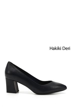 کفش پاشنه بلند کلاسیک سرمه ای زنانه چرم خالص GÖNDERİ(R) - کد 98905282
