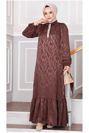 لباس مجلسی حجاب قهوه ای زنانه یقه ایستاده ELEGANTSTİL - کد 837218452