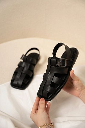 صندل مشکی زنانه پاشنه تخت LAMİNTA - کد 940534006