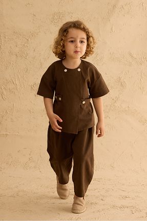 ست بالاتنه و پائین تنه قهوه ای بچه گانه مخلوط کتان Fahhar Kids - کد 940690941