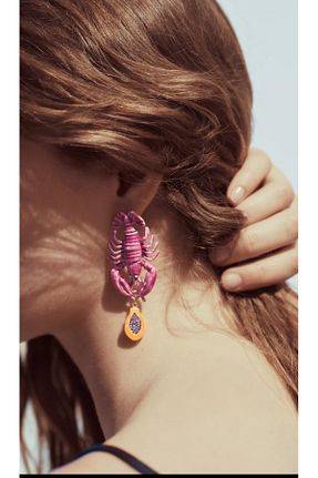گوشواره جواهر صورتی برنجی YENGEÇ - کد 940489564
