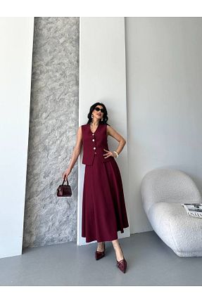 ست بالاتنه و پائین تنه زرشکی زنانه بافتنی MVK GİYİM - کد 940536480