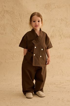 ست بالاتنه و پائین تنه قهوه ای بچه گانه مخلوط کتان Fahhar Kids - کد 940685894