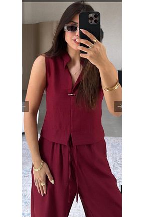 ست بالاتنه و پائین تنه زرشکی زنانه بافتنی mor butik - کد 940597992