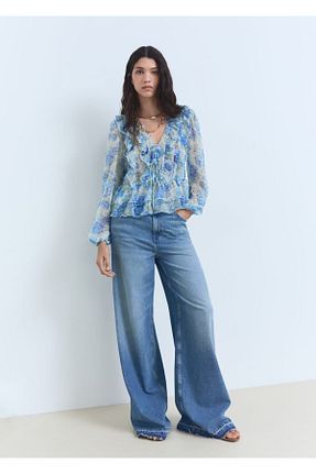 بلوز آبی زنانه گلدار MANGO - کد 926965427