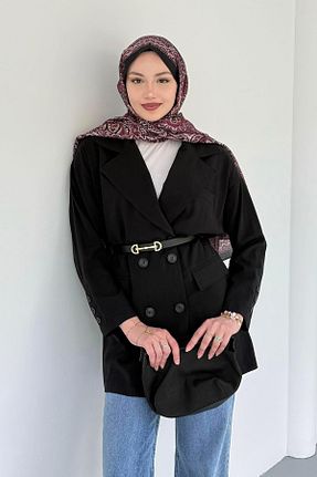 پالتو پشمی مشکی زنانه اورسایز Modaensarbutik - کد 898102354