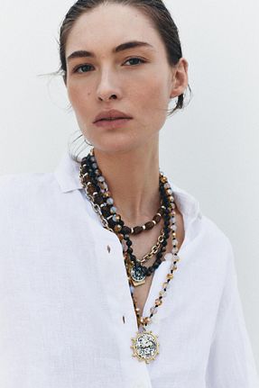 گردنبند جواهر قهوه ای زنانه روکش طلا yucelique - کد 939177956