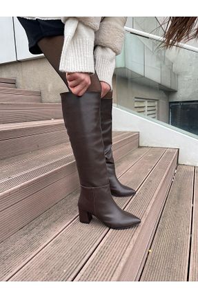 بوت / نیم بوت قهوه ای زنانه چرم مصنوعی Elvinin Tarzı - کد 354780029