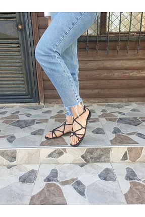 صندل مشکی زنانه پاشنه تخت MODAÜNVERDİ - کد 939713506