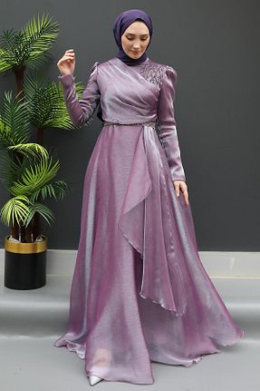 لباس مجلسی حجاب بنفش زنانه یقه ایستاده giz astore - کد 939928935
