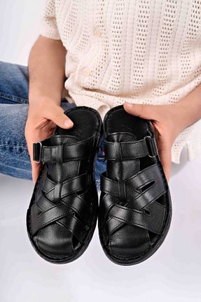 دمپائی مشکی مردانه چرم خالص Akgün Terlik - کد 940006367