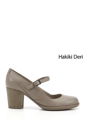 کفش پاشنه بلند کلاسیک بژ زنانه چرم خالص GÖNDERİ(R) - کد 895805114