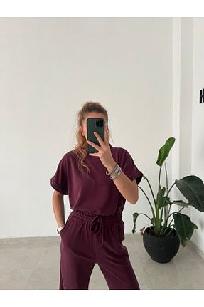 ست بالاتنه و پائین تنه زرشکی زنانه بافت pelish - کد 940144634