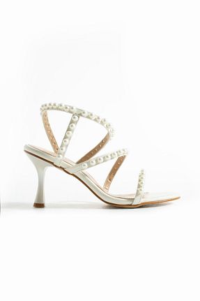 صندل سفید زنانه پاشنه نازک Gökçe Shoes - کد 940213058