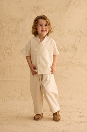 ست بالاتنه و پائین تنه بژ بچه گانه مخلوط کتان Fahhar Kids - کد 940660901