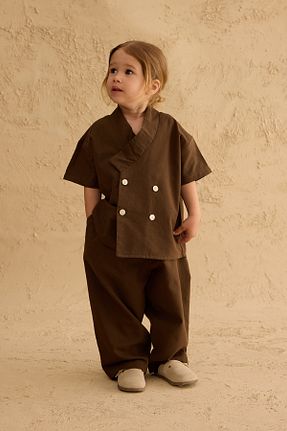 ست بالاتنه و پائین تنه قهوه ای بچه گانه مخلوط کتان Fahhar Kids - کد 940685894
