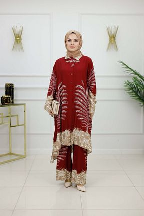 ست بالاتنه و پائین تنه حجاب زرشکی زنانه اورسایز Enans Design - کد 940559826