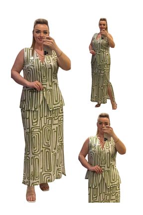ست بالاتنه و پائین تنه سایز بزرگ خاکی زنانه فاق نرمال TESSY - کد 940777015