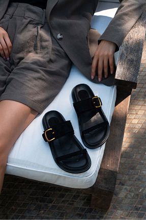 دمپائی مشکی زنانه چرم مصنوعی NİŞANTAŞI SHOES - کد 937810764