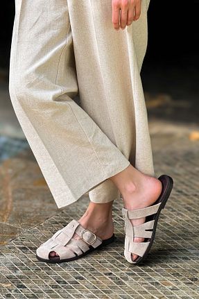 دمپائی بژ زنانه چرم مصنوعی NİŞANTAŞI SHOES - کد 935050029