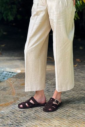 دمپائی قهوه ای زنانه چرم مصنوعی NİŞANTAŞI SHOES - کد 935049985
