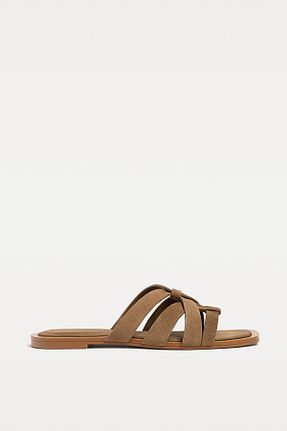 صندل بژ زنانه پاشنه تخت Stradivarius - کد 897869664