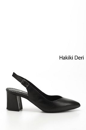 کفش پاشنه بلند کلاسیک مشکی زنانه چرم خالص GÖNDERİ(R) - کد 97401962