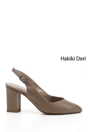 کفش پاشنه بلند کلاسیک قهوه ای زنانه چرم خالص GÖNDERİ(R) - کد 744115794