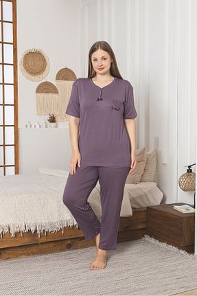 ست لباس راحتی سایز بزرگ بنفش زنانه طرح دار Asel - کد 924217864