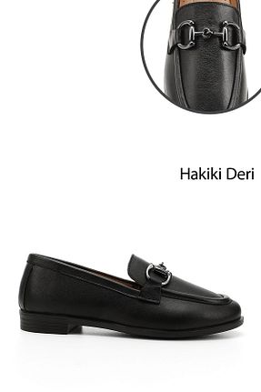 کفش لوفر مشکی زنانه چرم خالص GÖNDERİ(R) - کد 905636567
