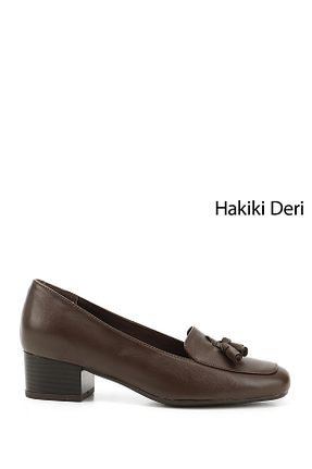 کفش پاشنه بلند کلاسیک قهوه ای زنانه چرم خالص GÖNDERİ(R) - کد 4952653