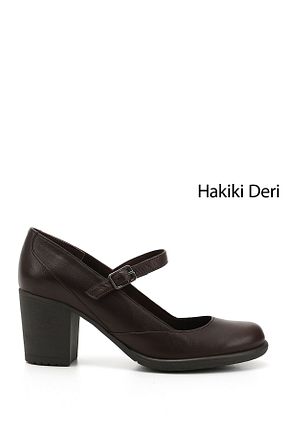 کفش پاشنه بلند کلاسیک قهوه ای زنانه چرم خالص GÖNDERİ(R) - کد 68392990