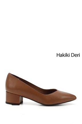 کفش پاشنه بلند کلاسیک قهوه ای زنانه چرم خالص GÖNDERİ(R) - کد 117029797