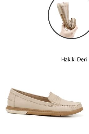 کفش لوفر بژ زنانه چرم خالص GÖNDERİ(R) - کد 922672313