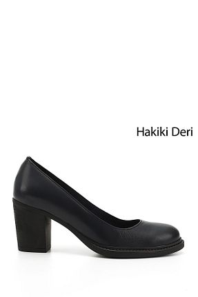 کفش پاشنه بلند کلاسیک سرمه ای زنانه چرم خالص GÖNDERİ(R) - کد 904131656