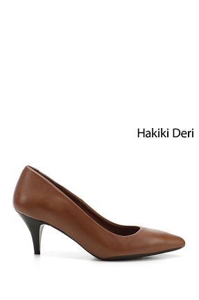 کفش پاشنه بلند کلاسیک قهوه ای زنانه چرم خالص GÖNDERİ(R) - کد 467897394