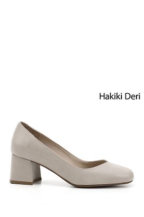 کفش پاشنه بلند کلاسیک بژ زنانه چرم خالص GÖNDERİ(R) - کد 798160382